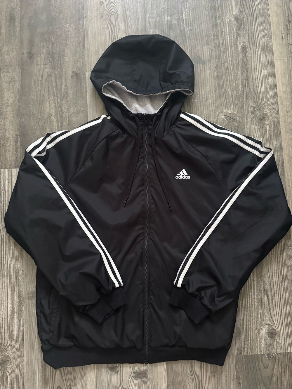 adidas reversible Black Hooded Windbreaker with White Stripe Accents
